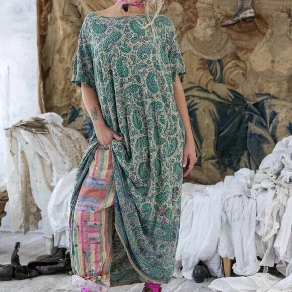 Magnolia Pearl Floral Maxi Dress Relaxed Cotton Jersey Block Print One Size NWT - Picture 2 of 15